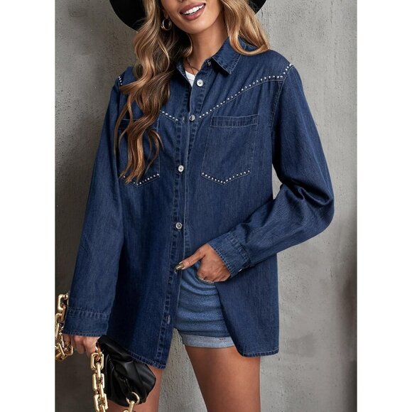 Women's Denim Shirt Long Sleeve Button Down V Neck Denim Jacket Navy Blue - Picture 2 of 5